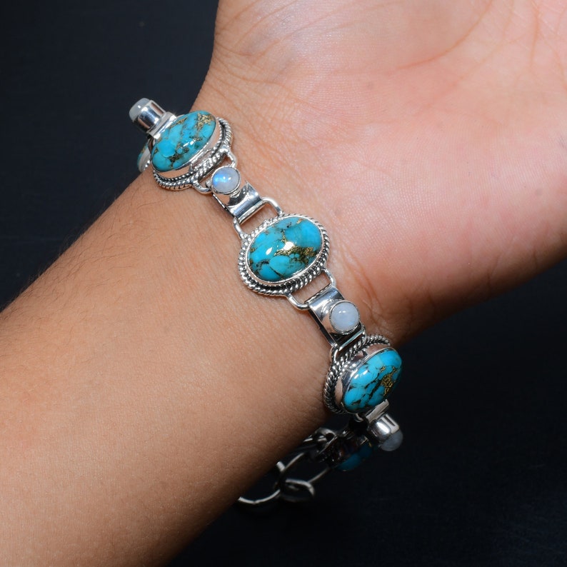 Blue Copper Turquoise Bracelet | 925 Sterling Silver | Handmade Gemstone Jewelry