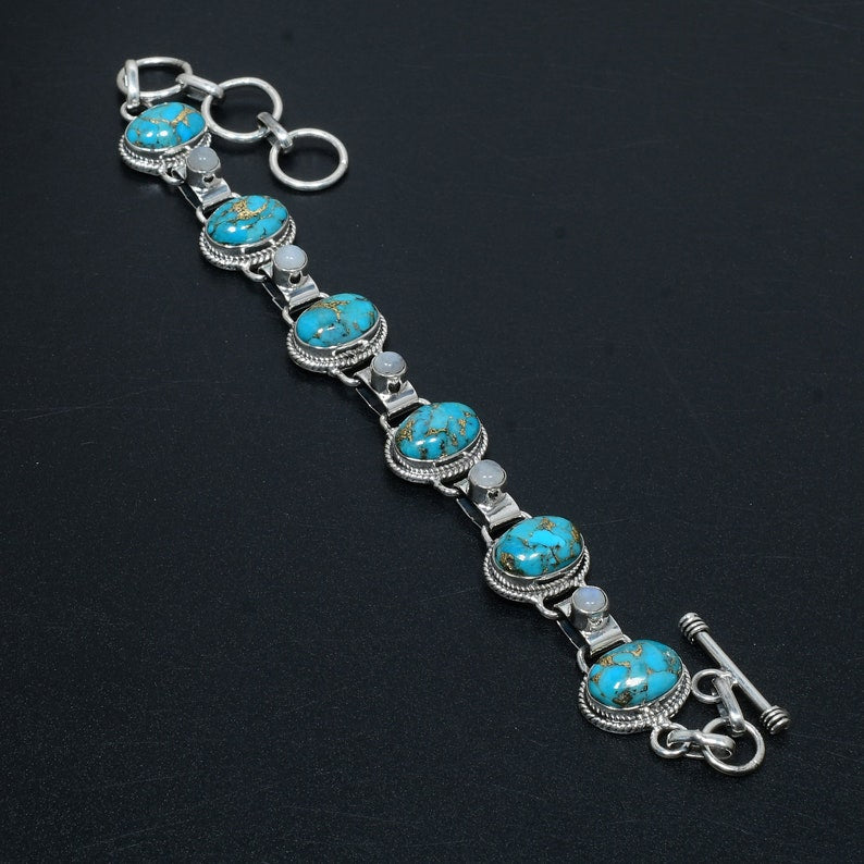 Blue Copper Turquoise Bracelet | 925 Sterling Silver | Handmade Gemstone Jewelry
