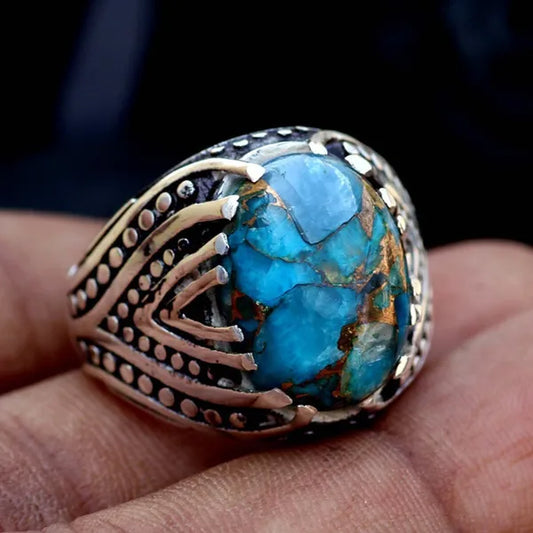 Blue Copper Turquoise Men’s Signet Ring | 925 Sterling Silver | Handmade Statement Ring