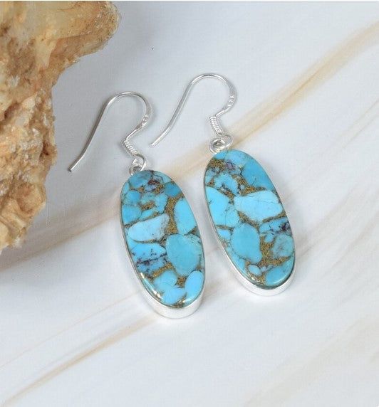Blue Copper Turquoise Earrings | 925 Sterling Silver | Handmade Dangle Earrings | Boho Southwestern Jewelry