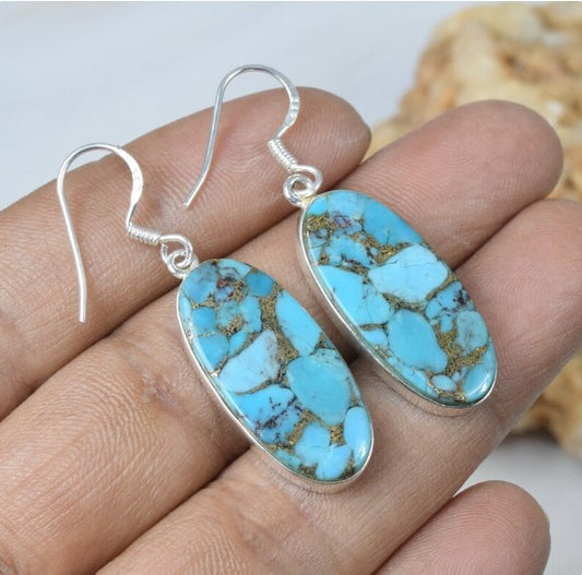 Blue Copper Turquoise Earrings | 925 Sterling Silver | Handmade Dangle Earrings | Boho Southwestern Jewelry