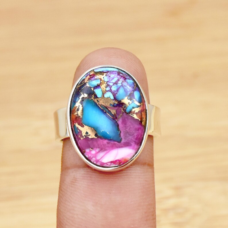 Kingman Pink Dahlia Turquoise Ring | 925 Sterling Silver Gemstone Ring | Handmade Statement Ring
