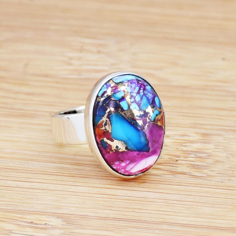 Kingman Pink Dahlia Turquoise Ring | 925 Sterling Silver Gemstone Ring | Handmade Statement Ring