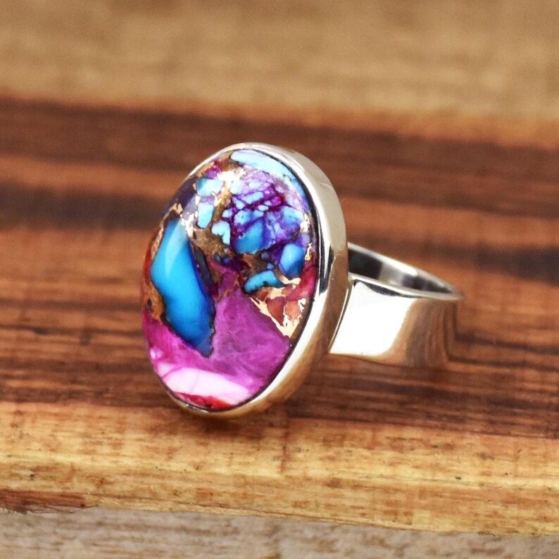Kingman Pink Dahlia Turquoise Ring | 925 Sterling Silver Gemstone Ring | Handmade Statement Ring