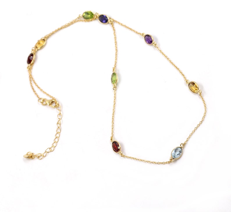 Multi-Gemstone Station Necklace | Gold Plated 925 Sterling Silver | Handmade Colorful Gemstone Necklace | Dainty Rainbow Jewelry | Gift for Her