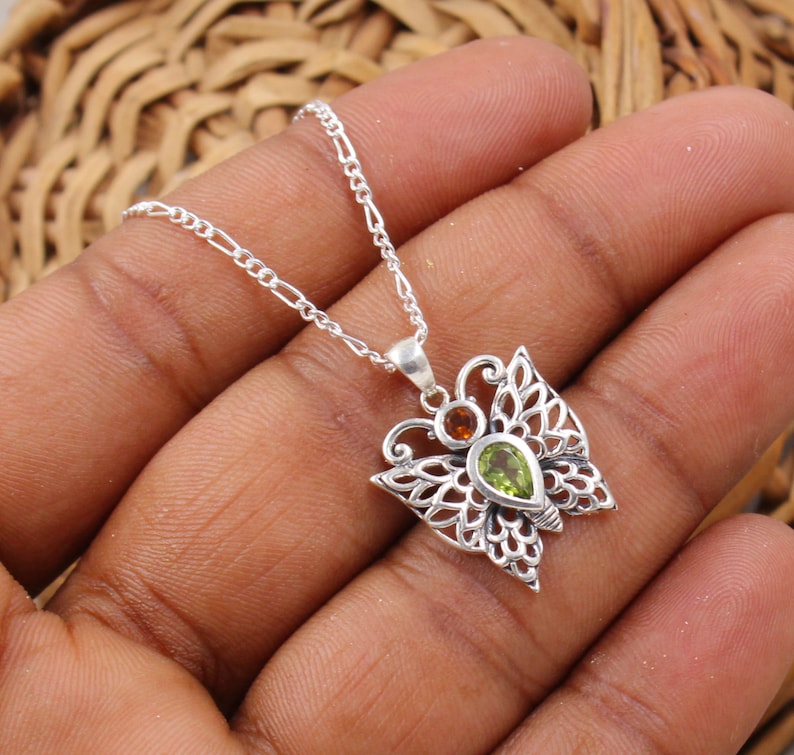 Butterfly Pendant Necklace | Peridot & Garnet Gemstone | 925 Sterling Silver Chain | Handmade Nature-Inspired Jewelry | Gift for Her | August & January Birthstone