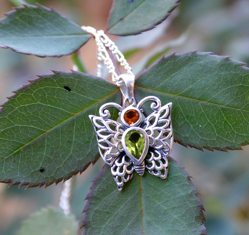 Butterfly Pendant Necklace | Peridot & Garnet Gemstone | 925 Sterling Silver Chain | Handmade Nature-Inspired Jewelry | Gift for Her | August & January Birthstone