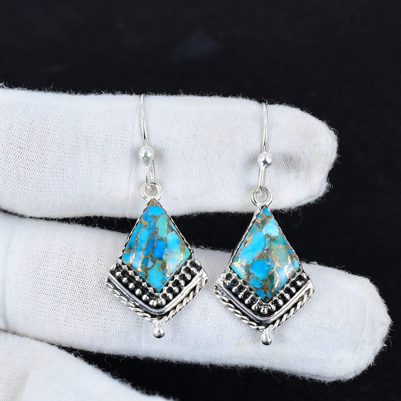 Blue Copper Turquoise Earrings | 925 Sterling Silver | Handmade Gemstone Dangle Earrings
