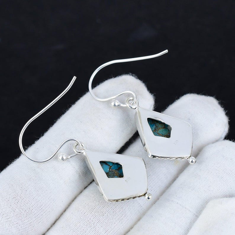 Blue Copper Turquoise Earrings | 925 Sterling Silver | Handmade Gemstone Dangle Earrings